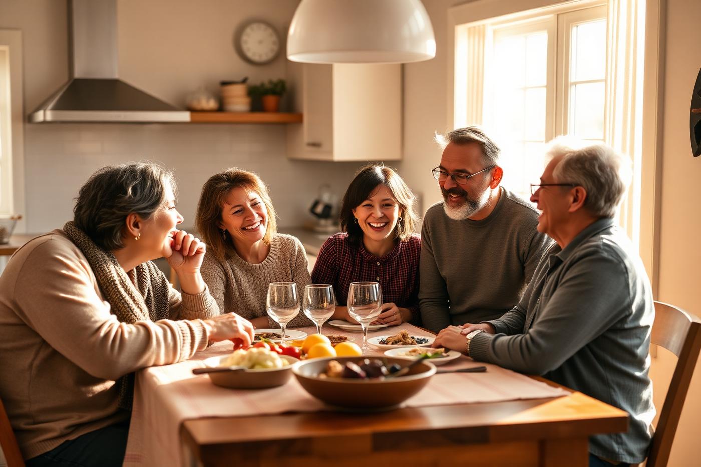 A multigenerational family sharing a meal together in a sunlit kitchen