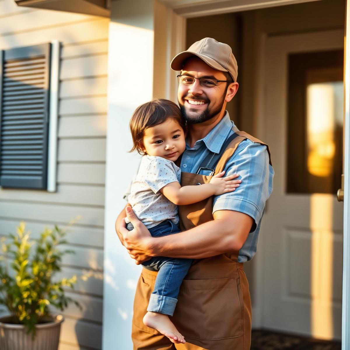 A working parent holding their young child at the front door of their home